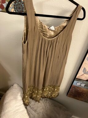 Aeve Taupe Sleeveless Mini Dress with Gold Beaded Hem Amazing 100% Silk!!